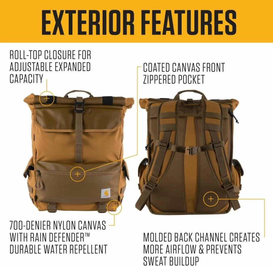 Carhartt Black 40L Nylon Roll Top Backpack - Durable One Size Fits All Daypack for Work & Travel