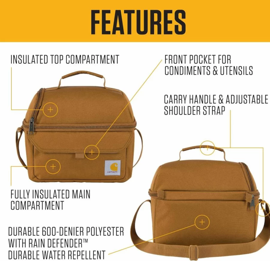 Carhartt Insulated Lunch Cooler - 12 Can Capacity, Two Compartment, One Size Fits All, Durable Brown Cooler Bag for Work or Outdoors