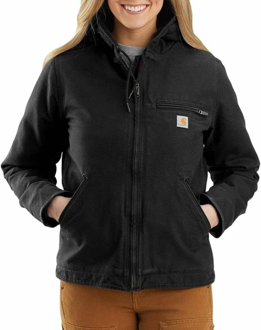 Carhartt Women's Sherpa Lined Duck Jacket - Loose Fit Washed Denim Winter Coat