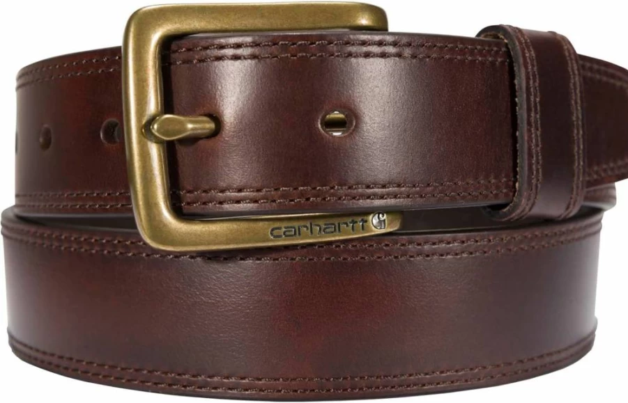 Carhartt Men's Genuine Leather Belt with Engraved Buckle - Durable Rugged Work Belt for Men