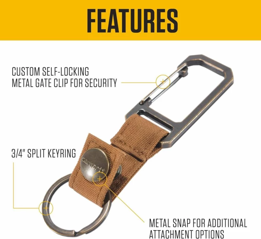 Carhartt Unisex Heavy-Duty Metal Key Holder with Belt Loop Clip - Secure Self-Locking Keyring for Car, Home, and Office Keys