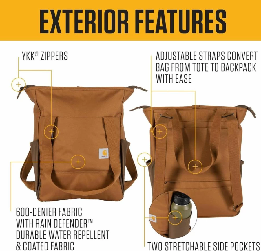 Carhartt Brown Convertible Backpack Tote Bag with 17-Inch Laptop Compartment - Durable Water Repellent Work Bag