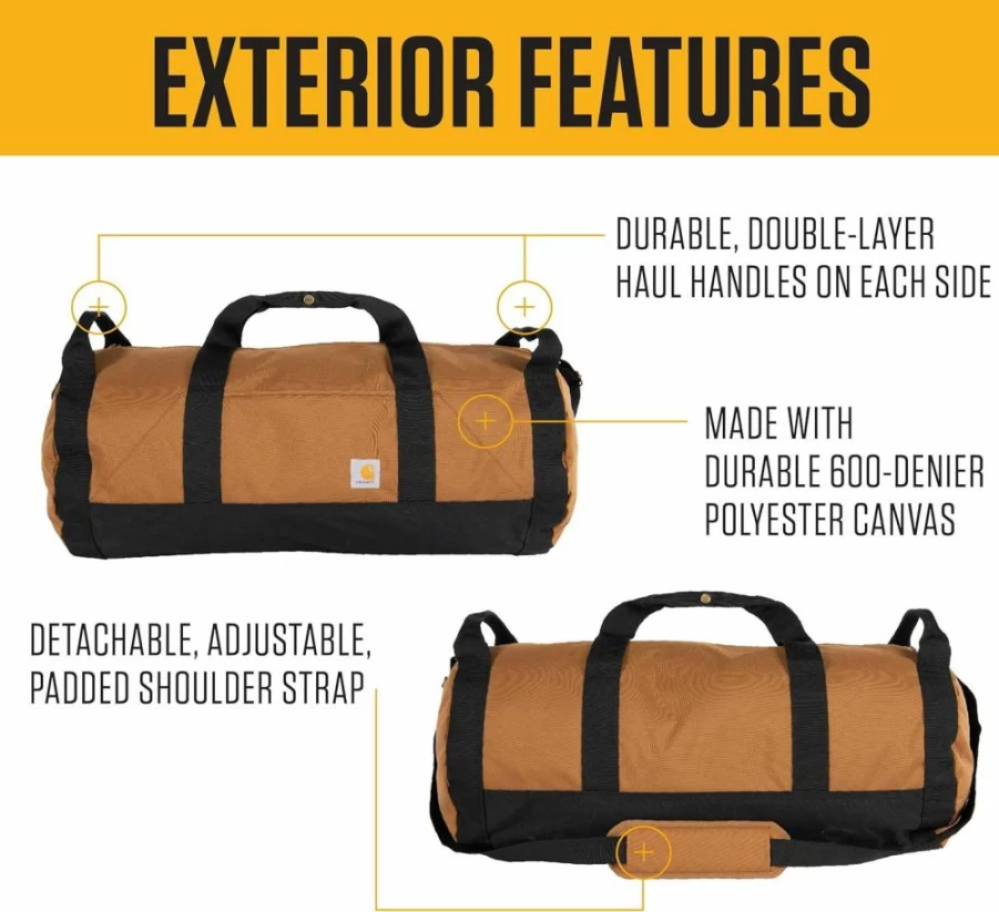 Carhartt Heavy-Duty Round Duffel Bag with Utility Pouch - Water-Resistant Gear for Travel, Gym & Jobsite