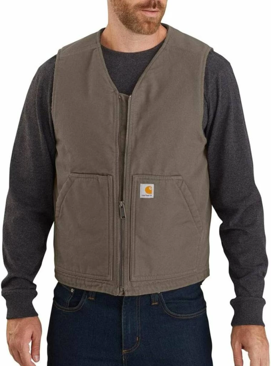 Carhartt Men's Sherpa-Lined Duck Vest - Relaxed Fit Washed Denim Workwear