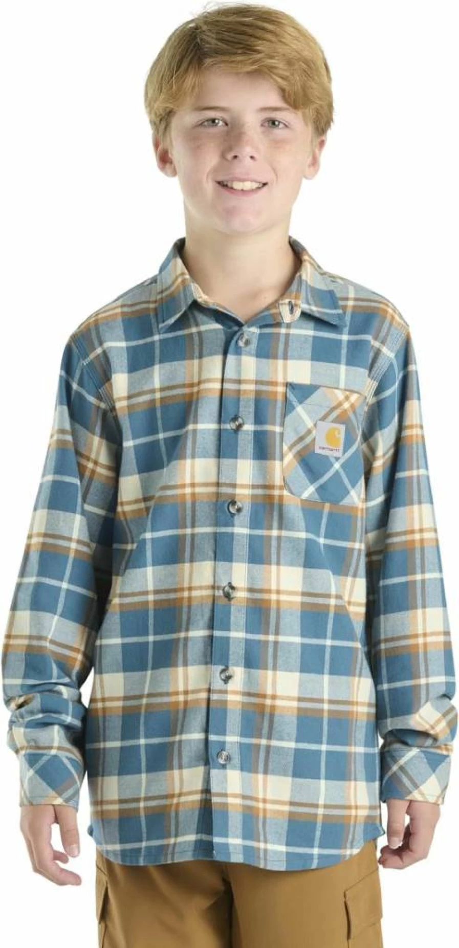 Carhartt Boys' Long-Sleeve Flannel Button-Up Shirt - Durable Kids' Plaid Top CE8208