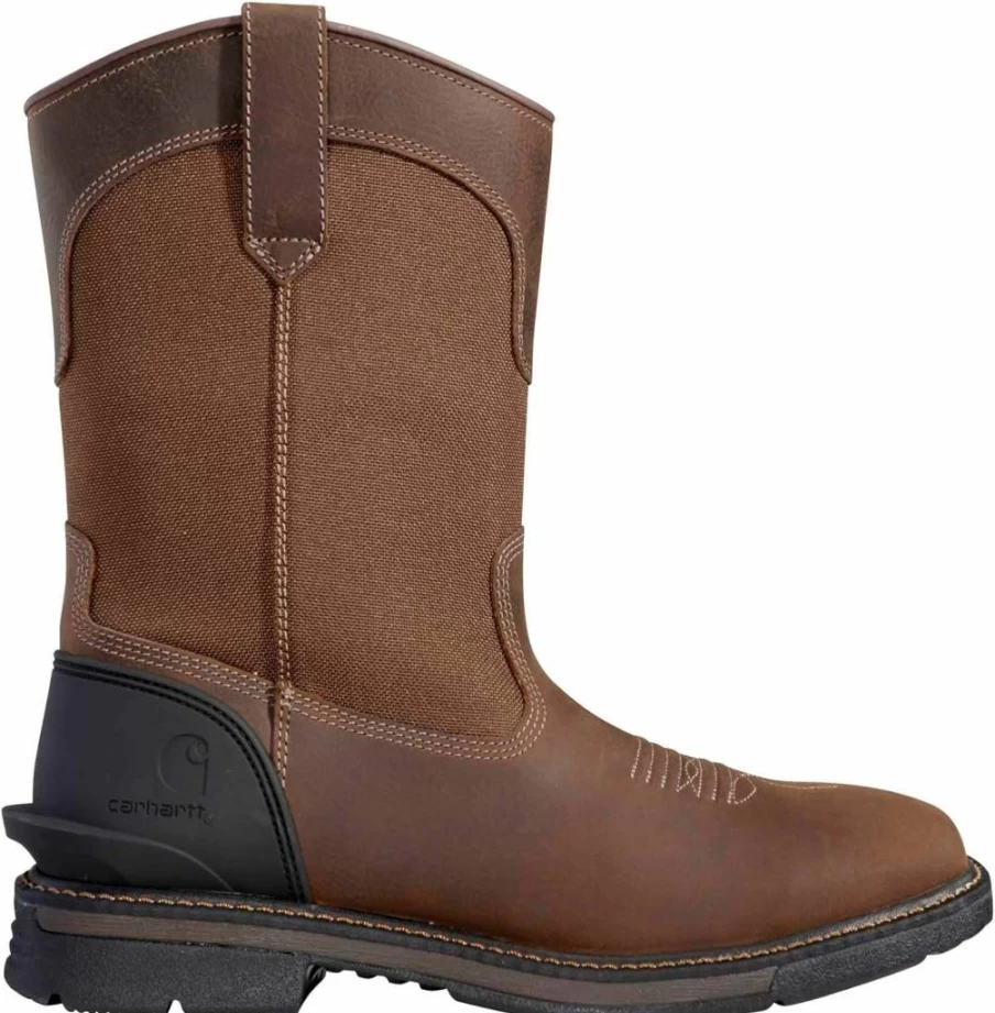 Carhartt Men's Dark Brown Montana 11" Wellington Work Boots - Water Resistant Square Toe Pull-On Industrial Boots Size 10