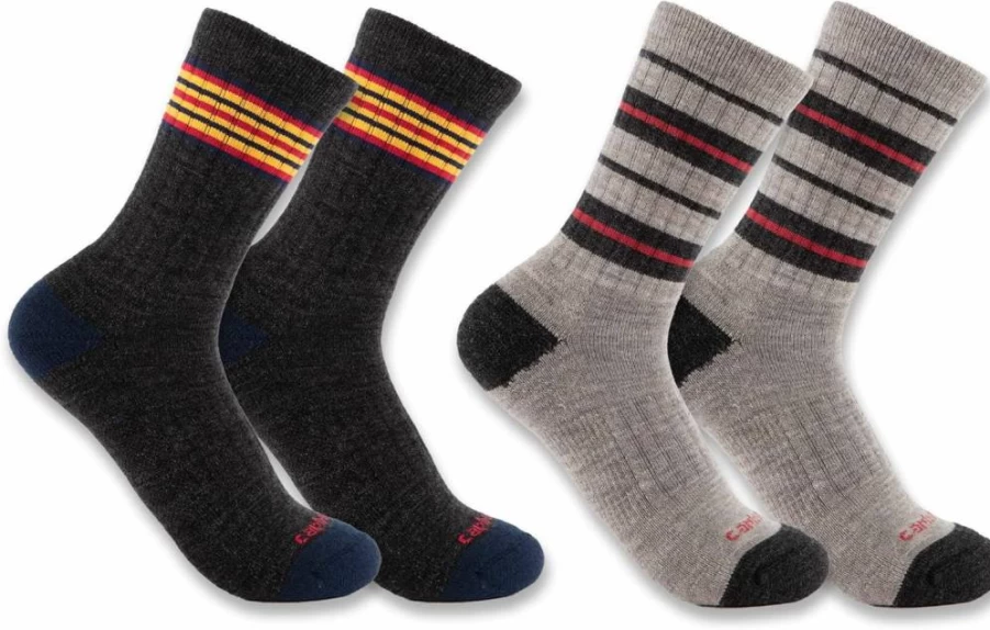 Carhartt Men's Midweight Striped Crew Socks 2-Pack - Durable Work Socks for Men